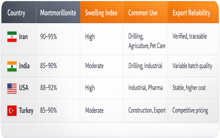 Compare Iranian Bentonite with Other Countries